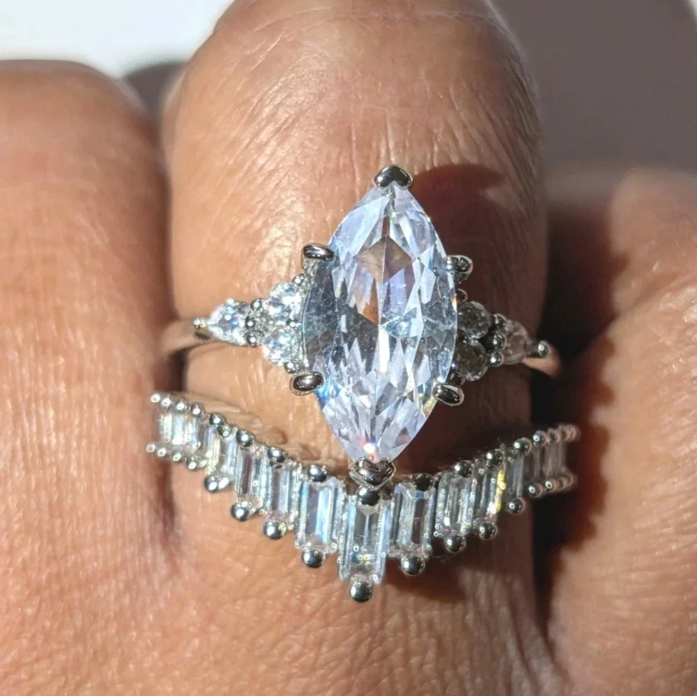 Luxury 925 Silver 4ct Simulated Marquise Diamond Wedding Ring Set For Women Sz 8